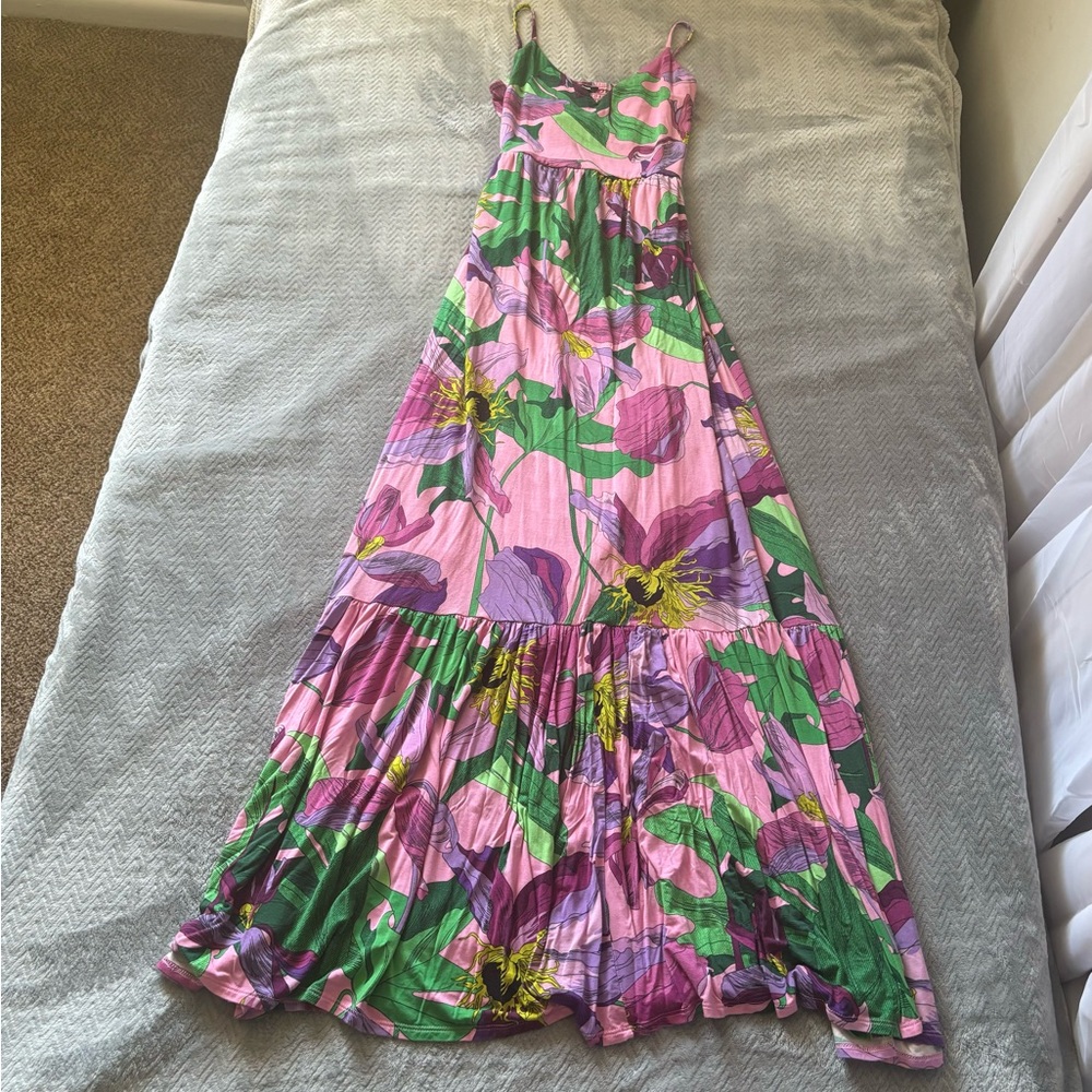 Express Pink Floral Maxi Dress with Green Leaves